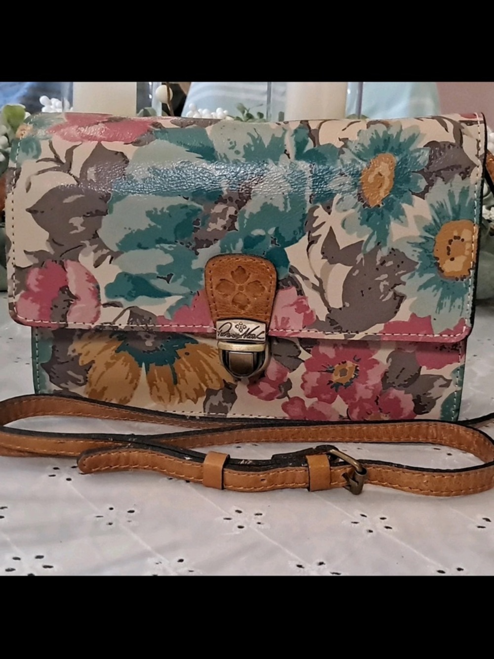 Patricia Nash First Bloom Multicolor Floral Crossbody with Tan Trim